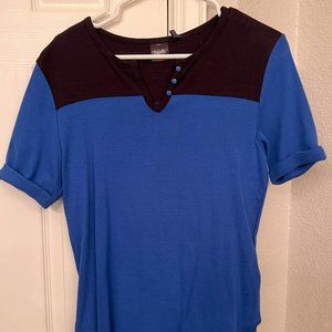 NWT Rafaella Blue/Black Short Sleeve Button V Neck Top